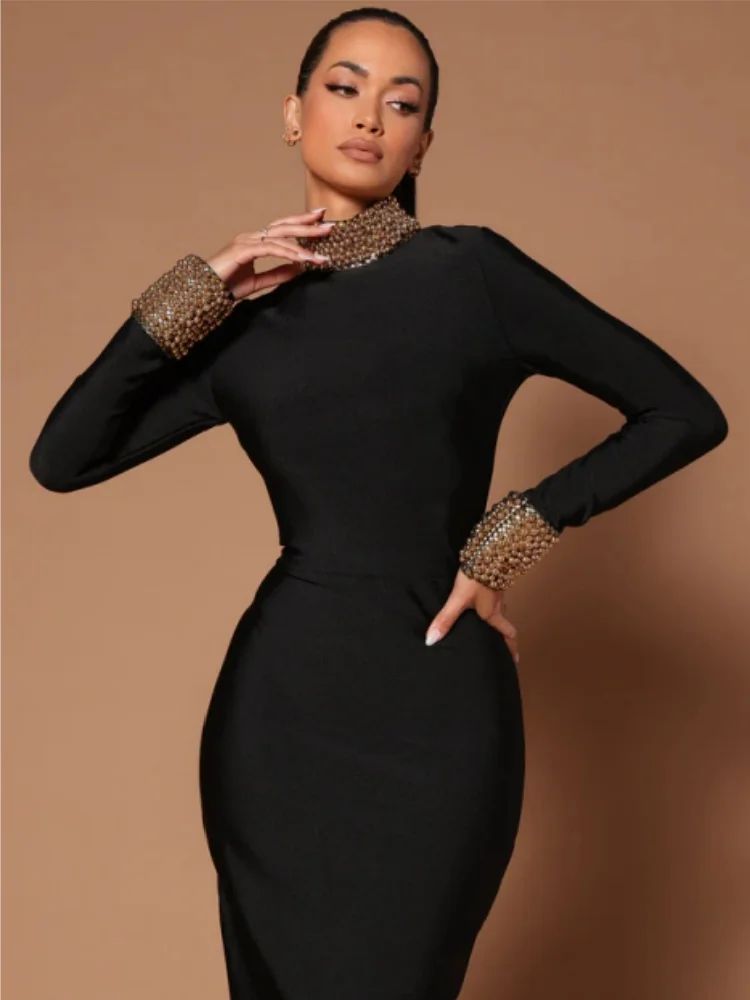 2024 New Winter Black Women Long Sleeve Sexy Golden Beading Bodycon Bandage Long Dress Backless Celebrate Evening Party Outfit