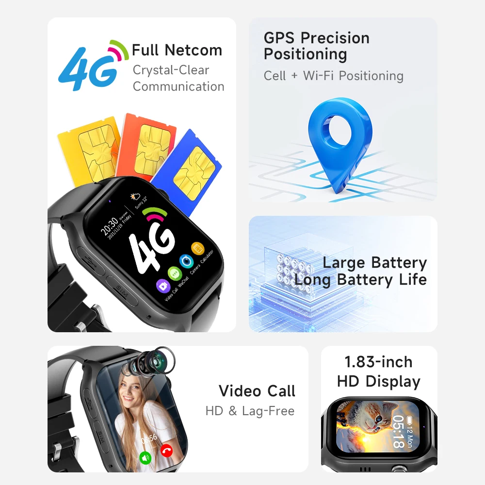 

GPS AGPS LBS SOS Music Playback New Smart Watches 4G Kids Camera Smartwatch Waterproof Video Call 800mAh Boy Girl Children Gift
