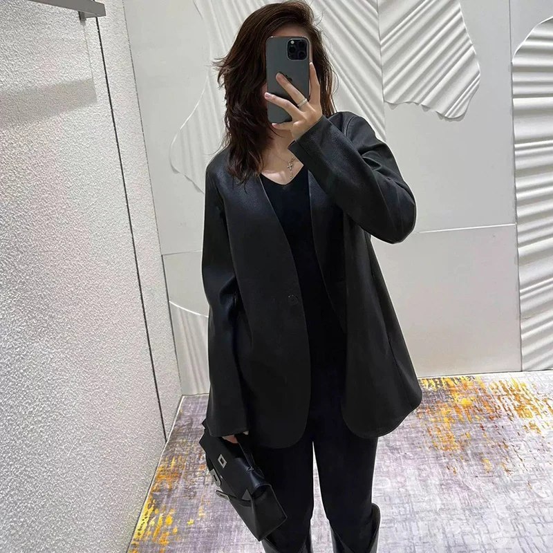 Veste en cuir pour femmes, mode printemps-automne, café, Grain Litchi, peau de chèvre, un bouton, col en v, veste de costume, technologie Composite