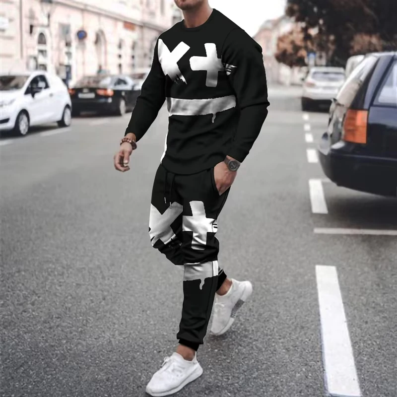 Terbaru musim panas pria pakaian 3d dicetak Retro pria lengan panjang T Shirt Celana 2-Piece Set pria lengan panjang kasual Sweatpants Set