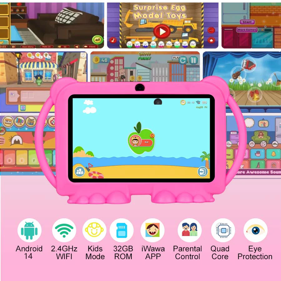 ATMPC 7 inch Android 14 kids Tablet, 4GB RAM+32GB ROM, 2.4G WIFI, BT 4.2, Eye Protection IPS Screen, With Parental Controls