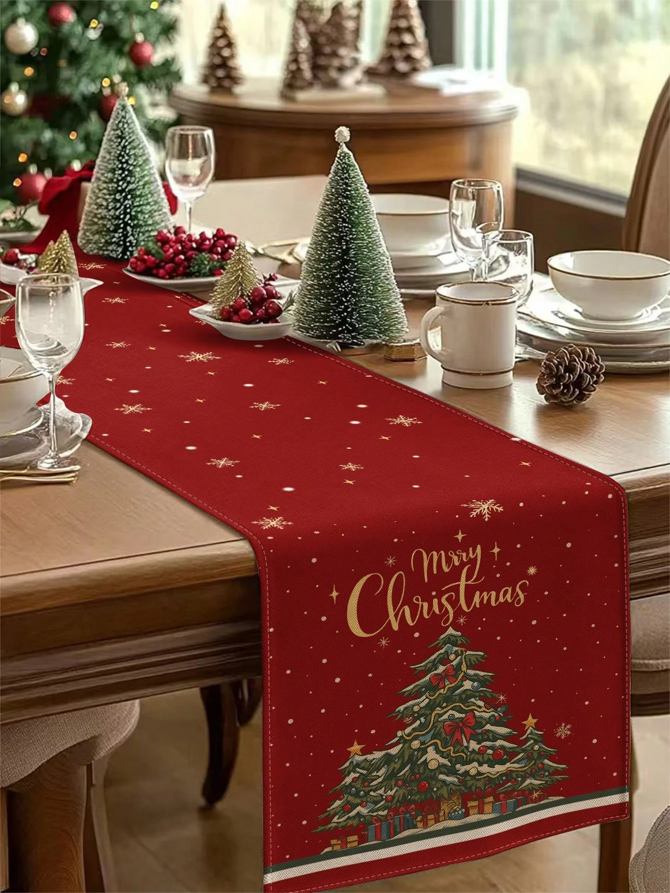 JIT Rustic Winter Christmas Table Runner Country & Woodland Christmas Design, Soft Linum Fabric for Festive Winter Dining Decor