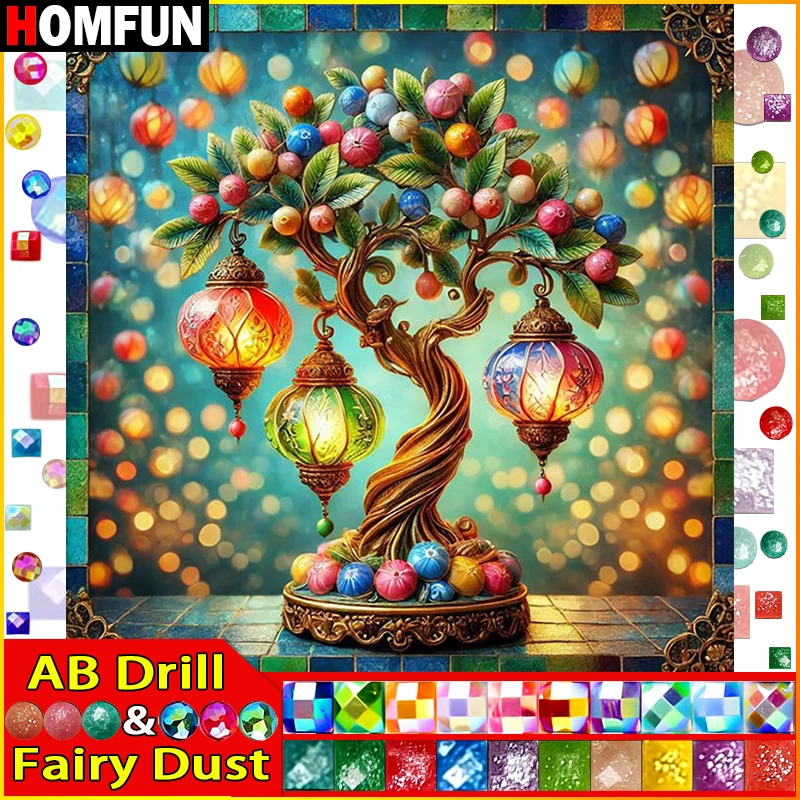 

HOMFUN Фея Пыль AB 5D DIY Алмазная картина "Пейзаж Дерево Фонарь" Полная дрель Смола Алмазная вышивка крестиком Домашний декор