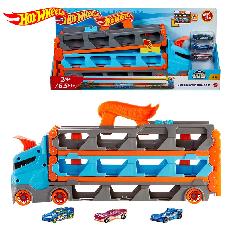 Hot Wheels City Speedway Hauler transporte de almacenamiento para niños, pista de arrastre Convertible, juguetes para niños, regalo de cumpleaños,