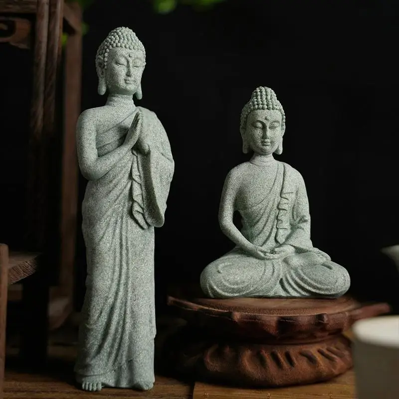 C 1Pcs Mini Buddhism Figurine Desk Decor Home Zen Statue Green Sandstone Thailand Ornament  Garden Statue Fish Tank Decor