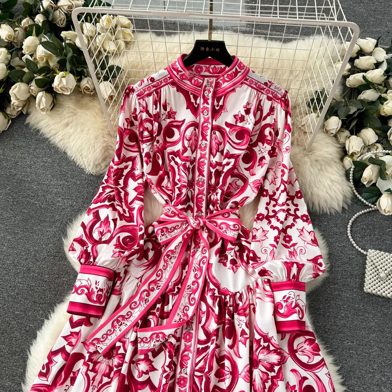 2024 Fashion Runway Spring Red Blue And White Porcelain Print Long Dress Women Single Breasted Lantern Sleeve Belt Holiday Robe