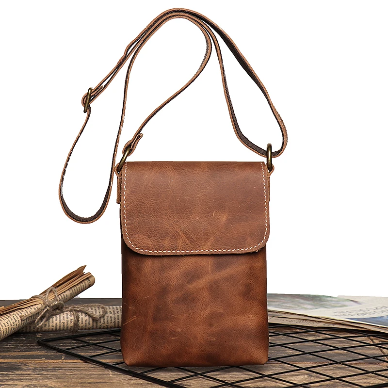 

Crazy Horse Leather Small Vintage Sling Crossbody Bag Man Flap Locking Shoulder Bag Simple Men's Phone Key Pocket Bag