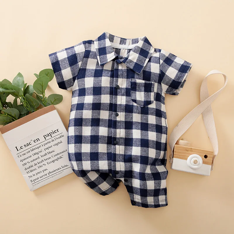 0-18 Baby Jumpsuit Casual And Fashionable Simple Plaid Shirt Comfortable And Soft Summer Short Sleeved Newborn Clothes