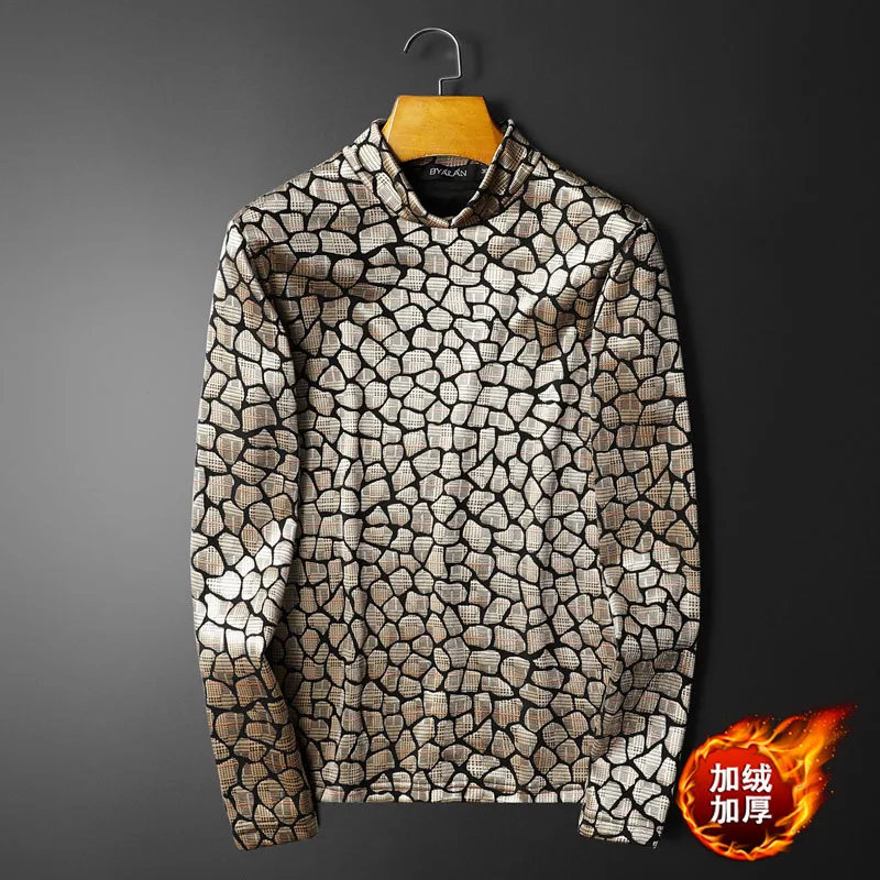 3D Leopard Print Mens Designer Clothes Slim Long Sleeve T-Shirts Winter Quality Thick Velvet Smooth Comfortable Luxury Camisetas