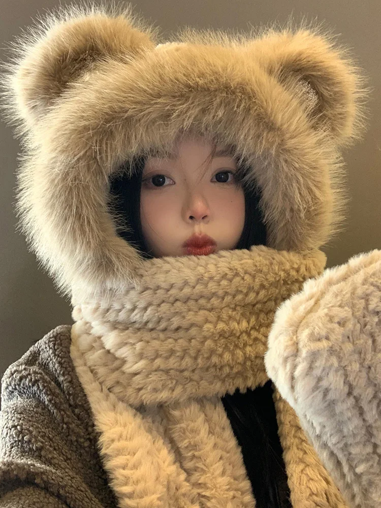 

목도리 2023 New High-quality Bear Ear Hat Scarf One Female 스카프 Winter Plush Thick Warm Bib Gloves Three-piece Set Hot Sale Шарф