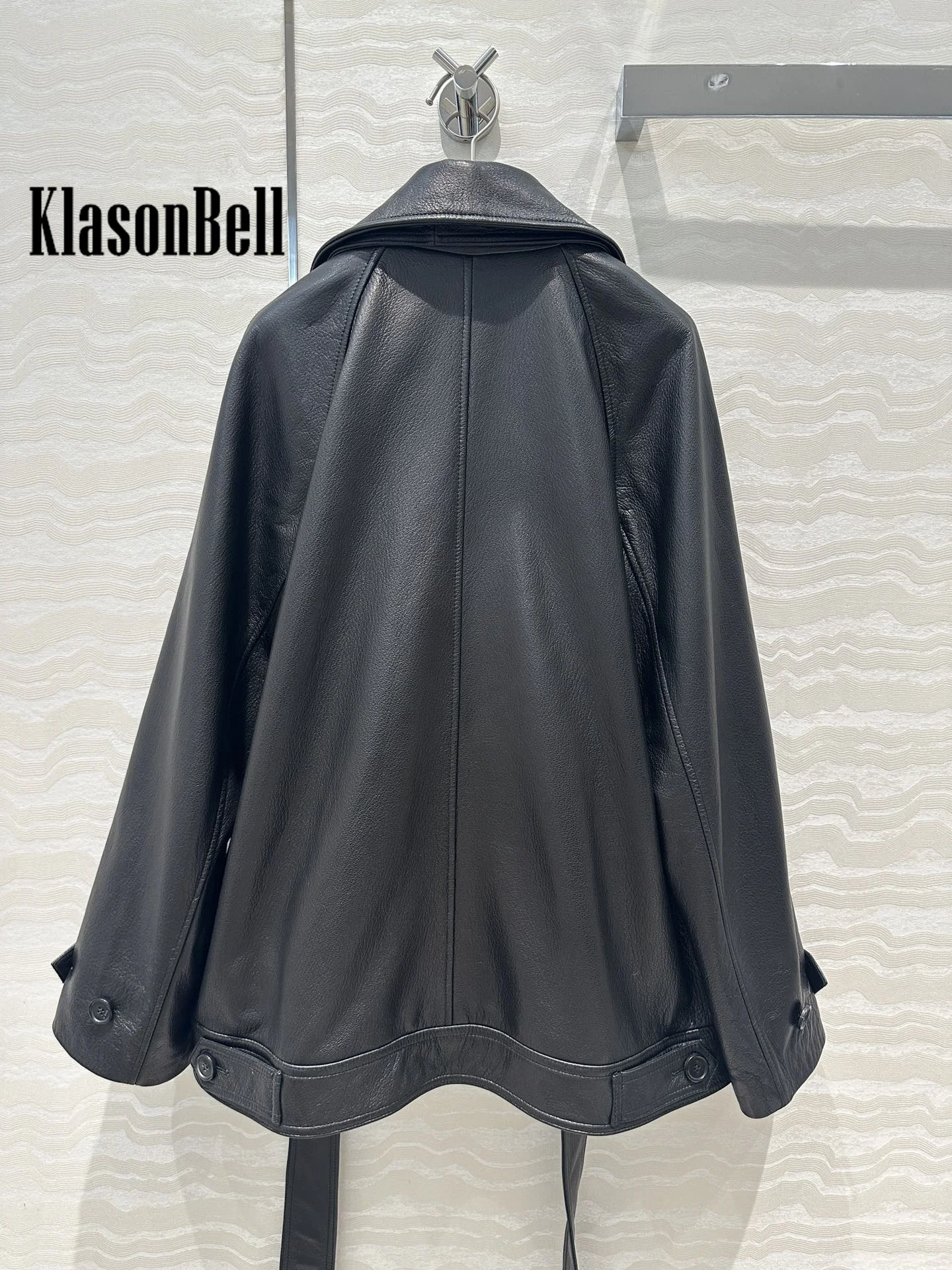 8.24 KlasonBell Women Vintage Fashion Long Leather Belt Collar Bow Sheepskin Jacket Double Breasted Loose Genuine Leather Coat