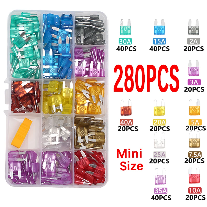 280Pcs Small Fuses + Fuse Puller Mini Blade Type Standard Type for Small Cars Safety Circuit Protection Multi-Ampere Combination (2A-40A) - All-In-One Car Fuse Set