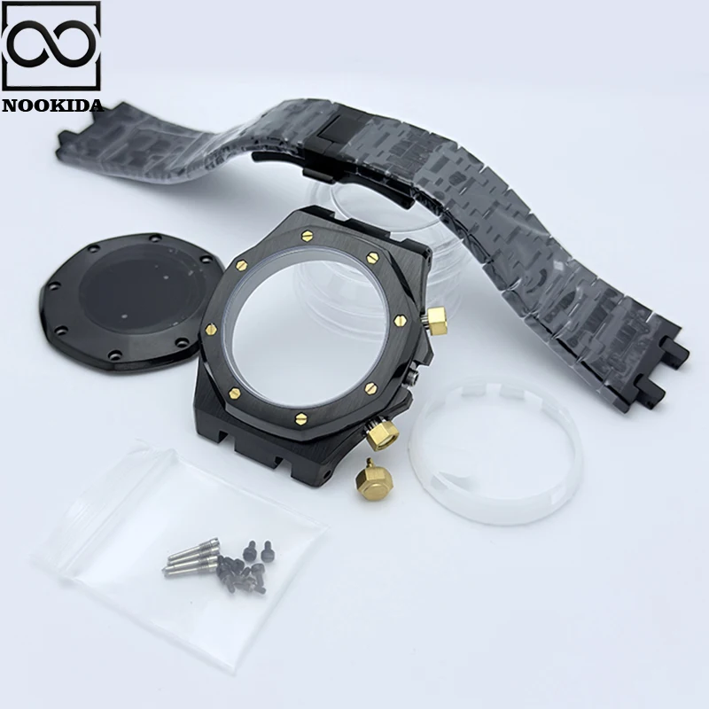 Nookida 42mm 316l aço inoxidável safira cristal caixa de relógio caber quartzo vk63 movimento relógio caso cinta peça reparo