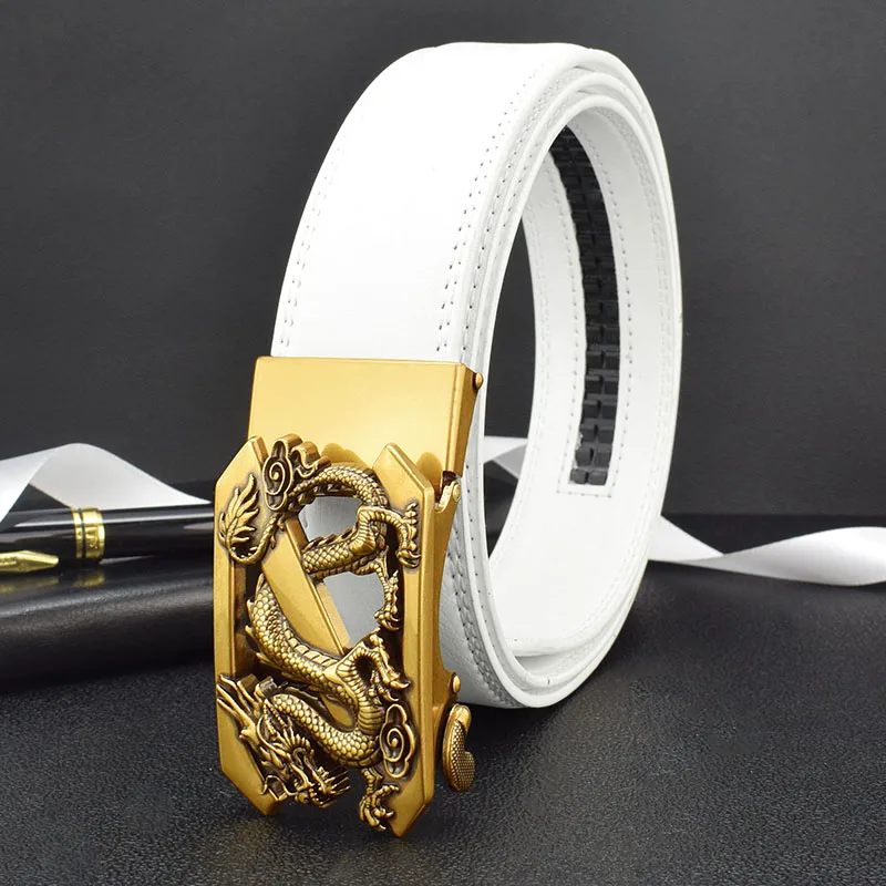 Chinese Dragon Mens Belts High Quality Corset Genuine Leather Belt Automatic Luxury Fashion Red Fancy Vintage Cintos Masculinos