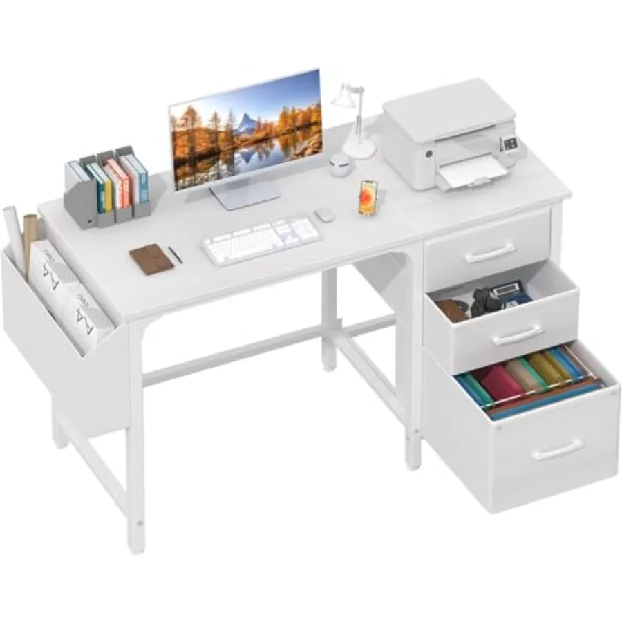 

Белый стол с тканевыми ящиками для документов, 47-дюймовый двусторонний компьютерный стол со шкафом для хранения документов для спальни, небольшого пространства, дома O