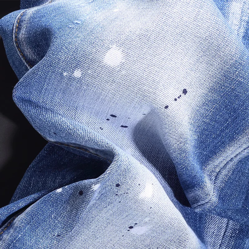 Street Fashion Men Jeans Retro Light Blue Plain Washed Elastic Skinny Fit Ripped Jeans Men Vintage Designer Denim Pencil Pants