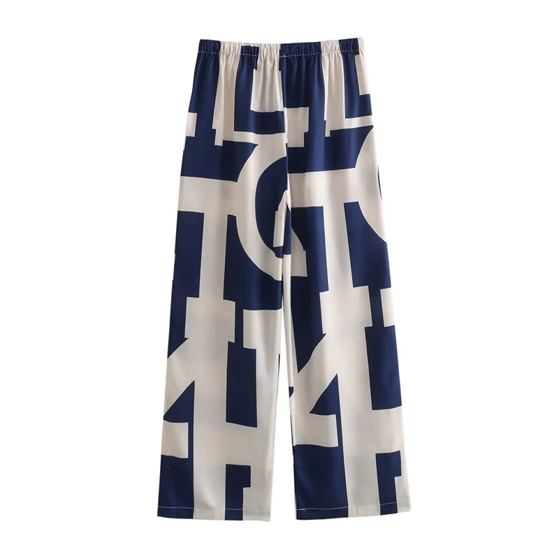 KEYANKETIAN 2024 New Launch Women's Blue White Geometric Print Wide-leg Pants Leisure Lace Up Elastic Waist Loose Thin Trousers