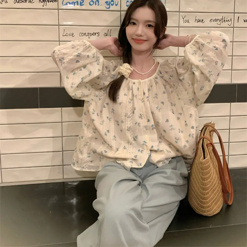 Leisure Pleated Long Sleeve Blouse Ins Loose Lace Floral Blouse Spring Autumn Sweet Flower Shirt Top Streetwear