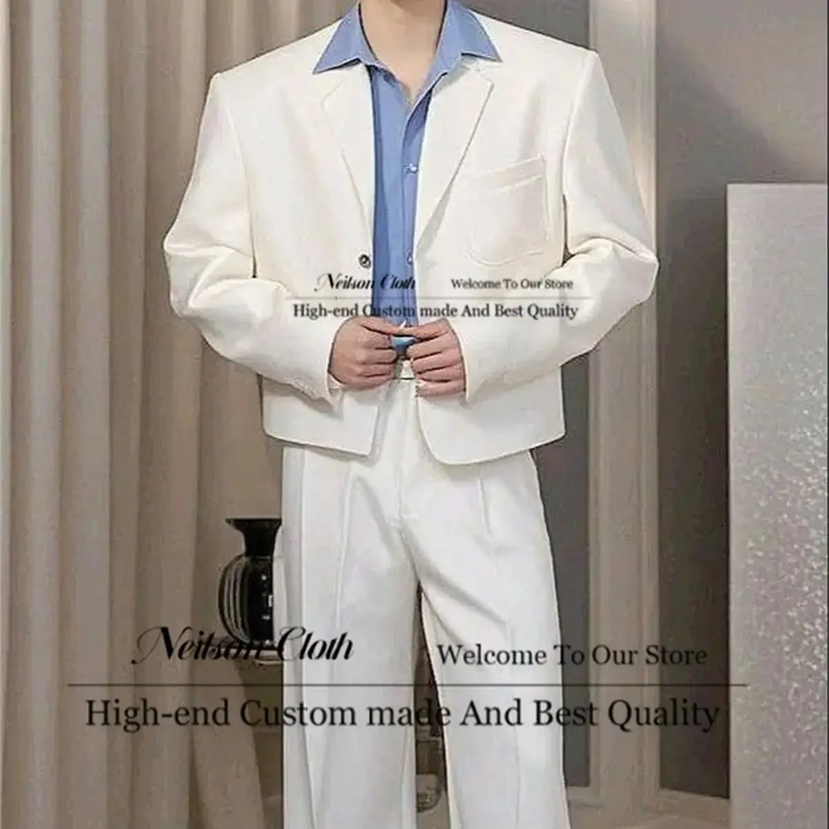 

Korean White Male Prom Blazers 2 Pcs Sets Short Coat Groom Wedding Tuxedos One Button Notched Lapel Customized Terno Masculino