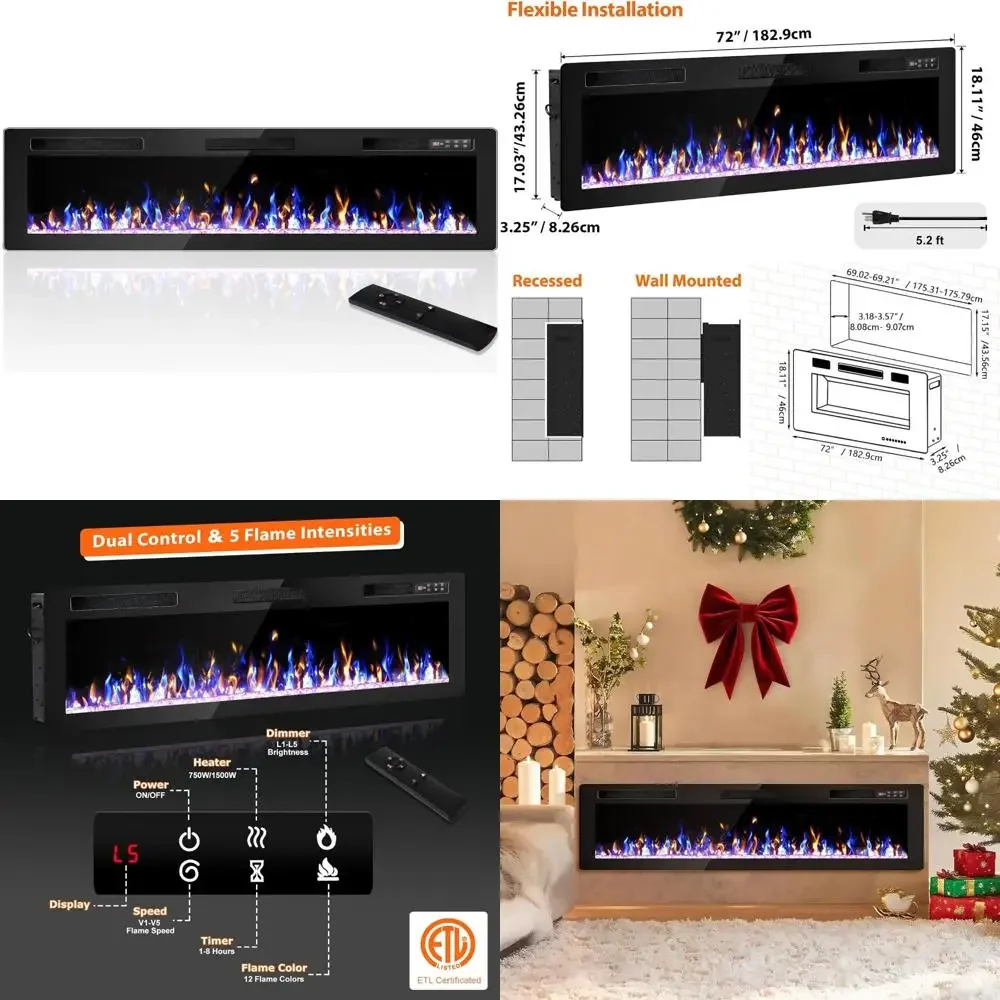 72 Ultra Slim Wall-Mounted Electric Fireplace Insert with Remote, Recessed Design for Modern Home Decor