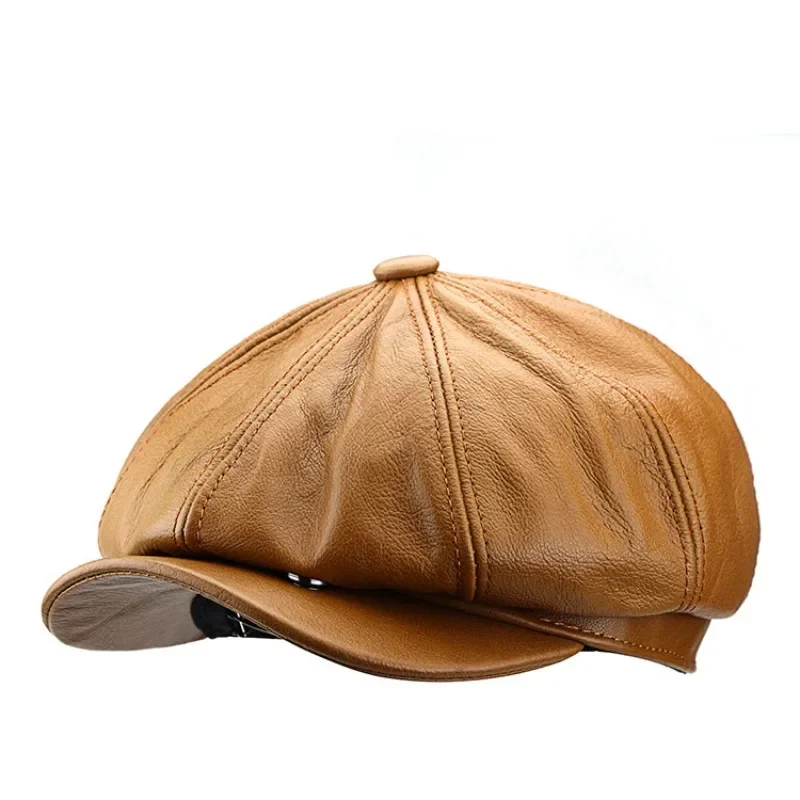 Real Cow Leather Big Head XXL 62cm Octagonal Hats Men's Large Size L XL Newsboy Hat British Fashion Cowhide Women's Berets Cap