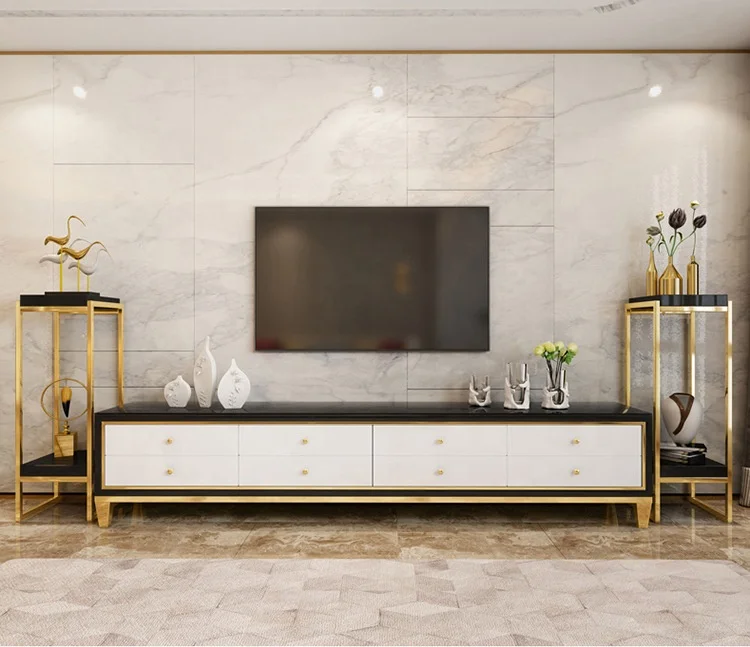 Modern living room TV cabinet gold stainless steel legs black TV stand and coffee table furniture