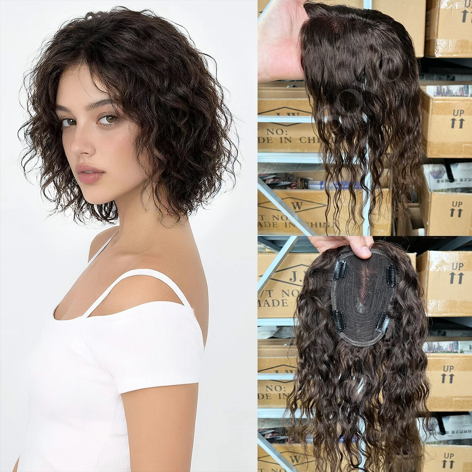 Water Wave Hair Toppers for Women Real Human Hair Topper for Women No Bangs Curly Hairs Extensions for Thinning Hairpiece 9x14cm