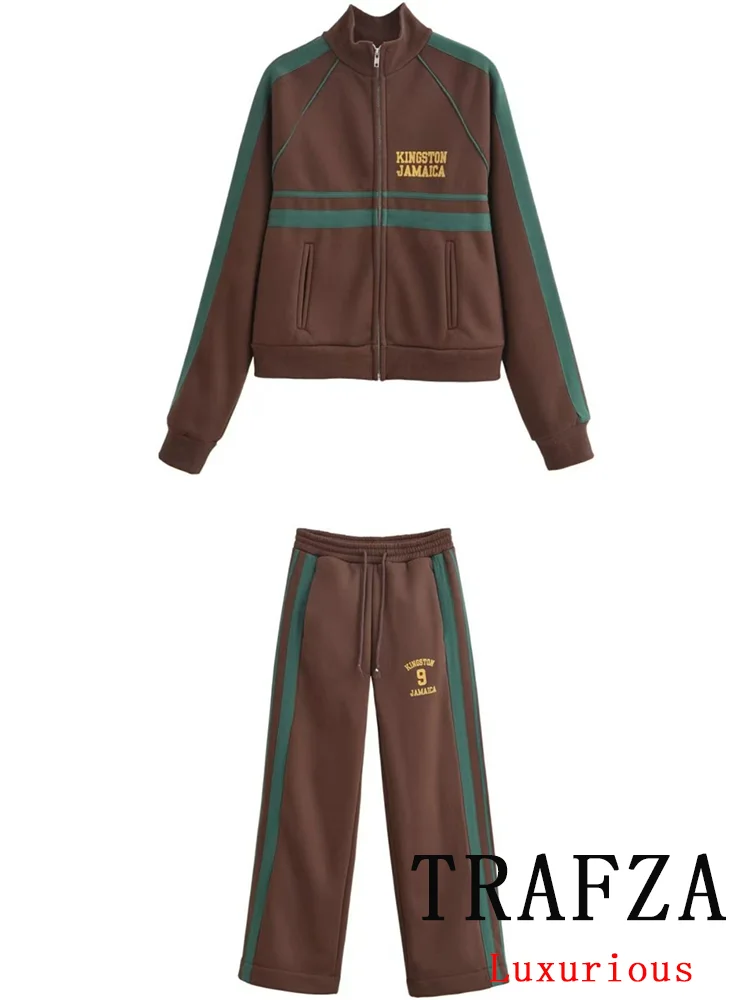 

TRAFZA Preppy Chic Casual Women Suit Printing O-Neck Zipper Long Sleeve Hoodie Loose Pants Fashion 2025 Spring Summer Sets