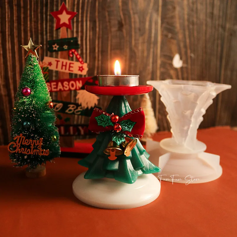 3D Cute Christmas Tree Candlestick Silicone Mold Handmade Plaster Resin Drop Glue Mold Christmas Tabletop Decoration Making Tool