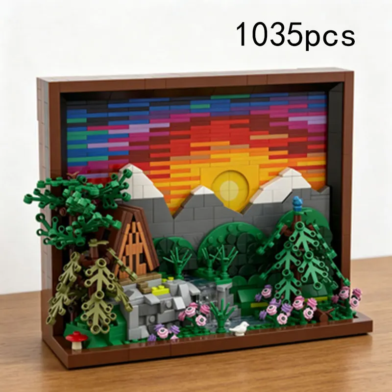 

MOC Building Block Photo Frame Kit: 3D Sunset Mountain Landscape — Small-Particle Assembly Set, Desktop Decor & Gift — 1035 Piec