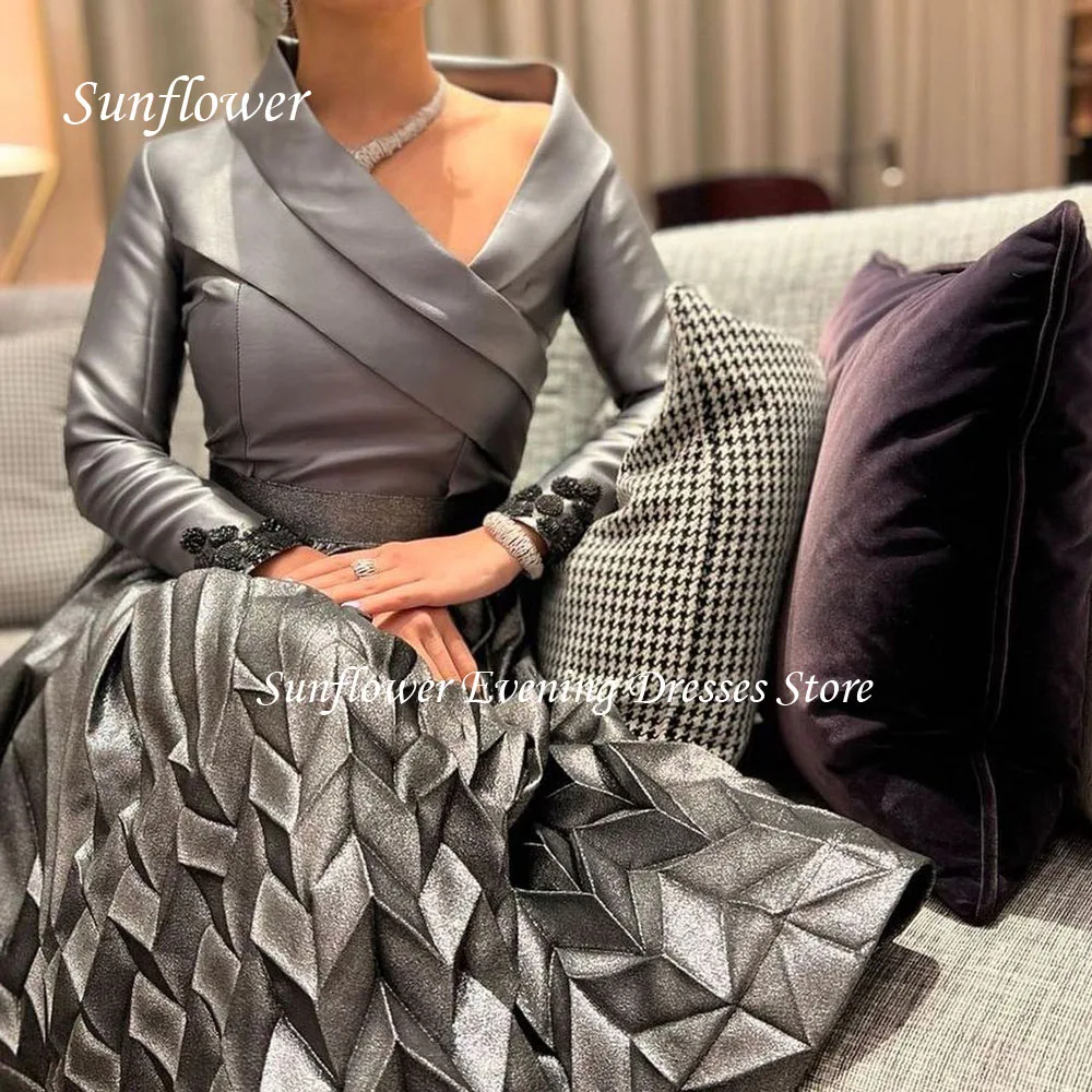 Sunflower V-Neck Prom Gown Pleat A-LINE Evening Dress Slim Satin Party Dress 2023 Long Sleeve Floor-Length Prom Dress