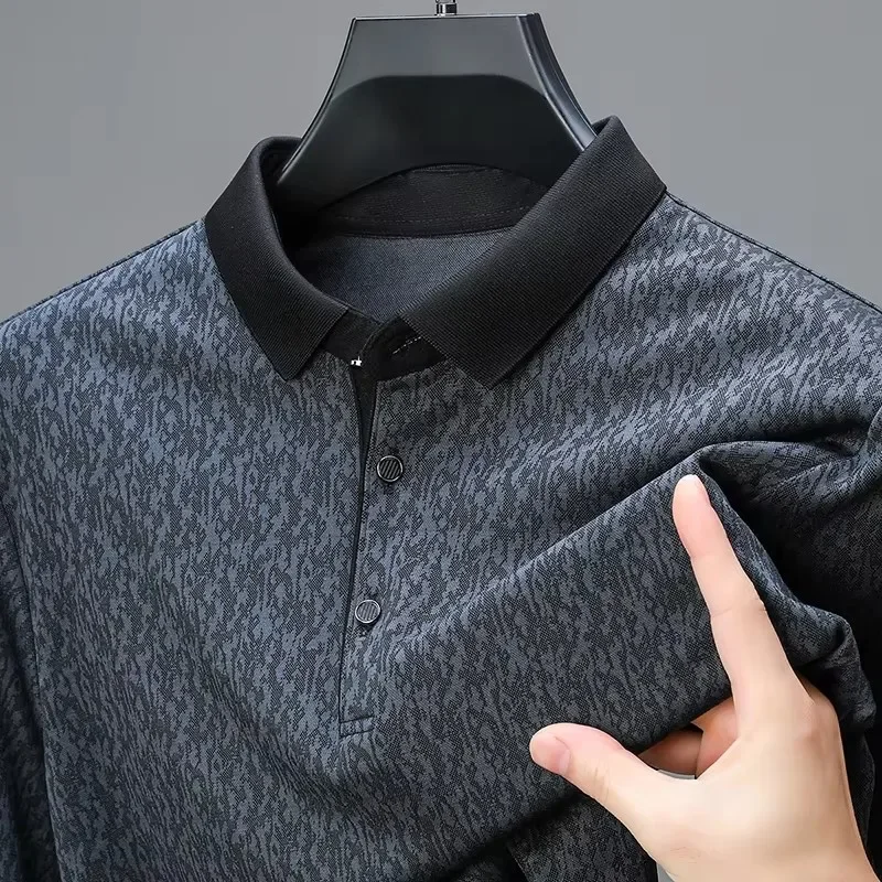فاخر لطيف جديد الحرير تنفس كم طويل قميص بولو الرجال الربيع والخريف موضة الجاكار قميص الأعمال عادية تي شي