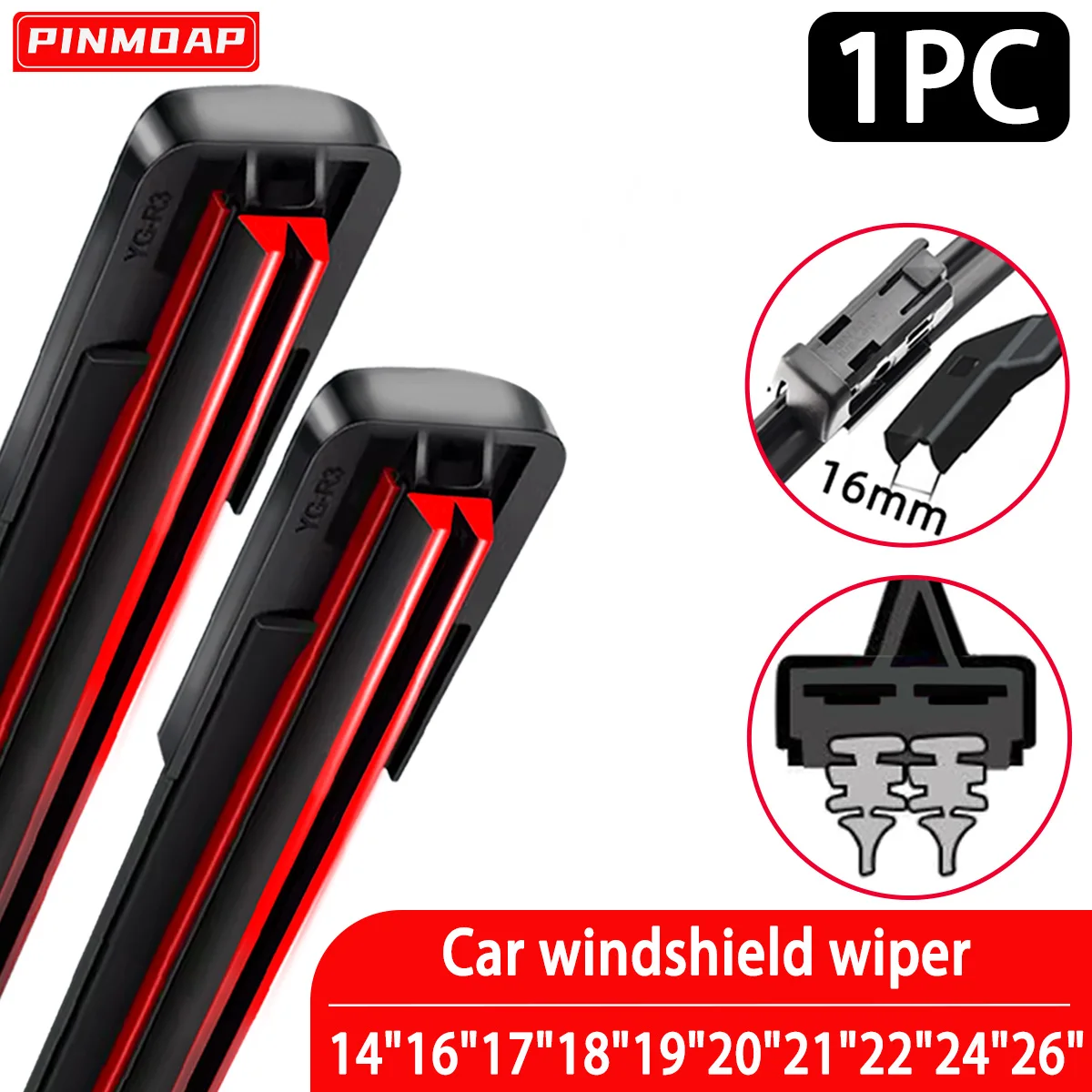PINMOAP Wischerblatt, 16-mm-Schnittstelle, keucht doppelte Gummistreifen, Scheibenwischerblätter, 14 Zoll, 16 Zoll, 18 Zoll, 19 Zoll, 20 Zoll, 21 Zoll, 22 Zoll, 24 Zoll, 26 Zoll, leise Scheibenwischer