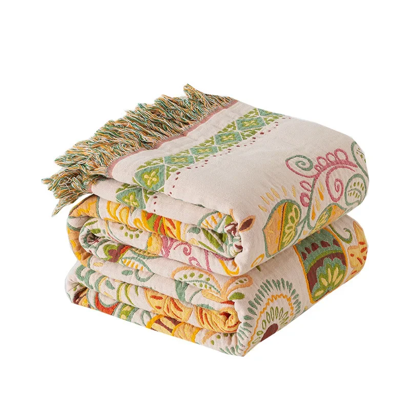 4 Layer Pure Cotton Gauze Bedspread Tassel Towelling Coverlet AB Side Multifunctional Sofa Bed Blanket