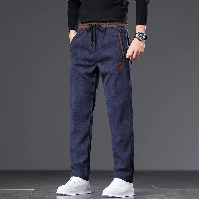 2024 New Men's Casual Pants Straight-Leg Loose-Fit Long Trousers Elastic Waistband Zipper Corduroy Pants