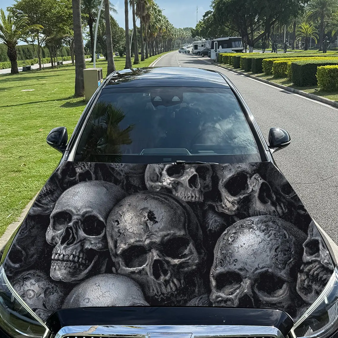 Car Decal Multiple Skulls in Artistic Background & Gothic-Macabre Visual Details Car Hood Sticker, Waterproof Self - Adhesive Vi