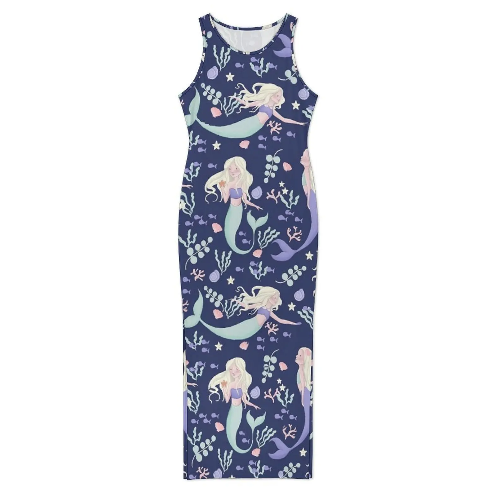 Mermaids Swimming Bodycon Dress Summer Floral Print Retro Maxi Dresses Woman Sleeveless Design Street Fashion Dress Big Size 4XL