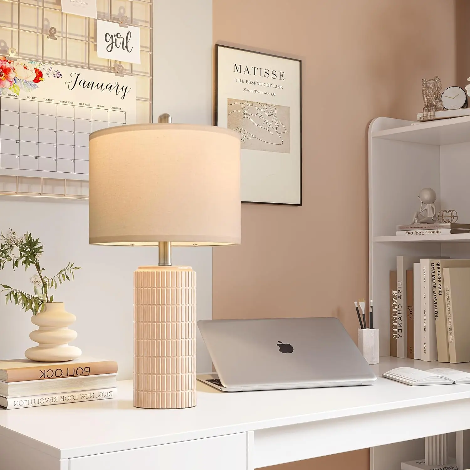 Set di 2 lampade da tavolo in ceramica rosa, lampade da comodino moderne da 23 pollici per la camera delle ragazze e l'arredamento del soggiorno