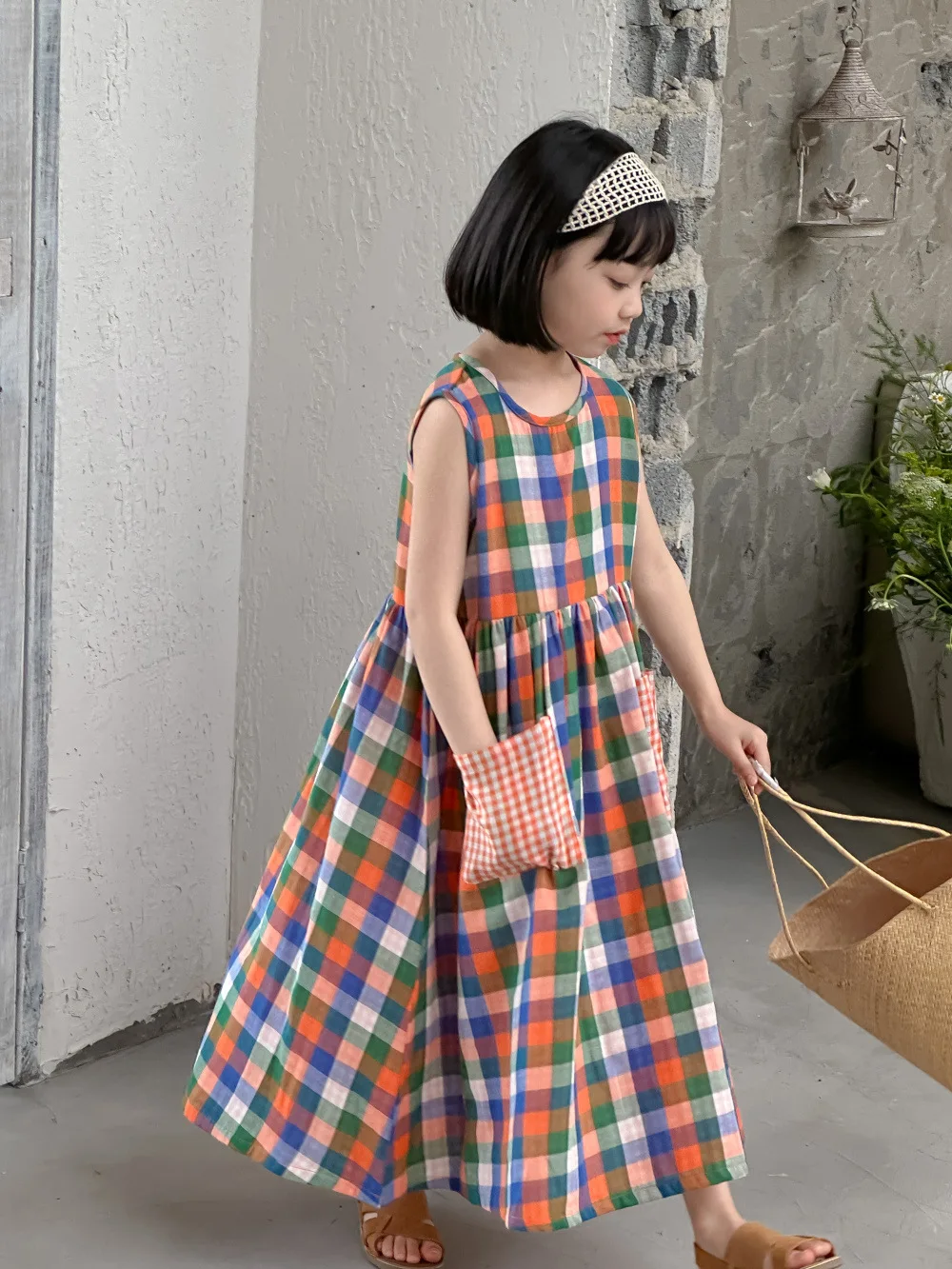 

Children Dress 2024 Summer Baby Girls Korean Style Plaid Halter Sundress Children Sweet Loose Plaid Princess Dress