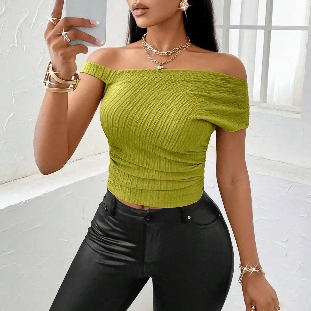 

Style New Summer Slanted Shoulder Sexy Top Slimming Pleated Crop Top Women's Clothing Asymmetric Skew Collar Short Sleeve Slim