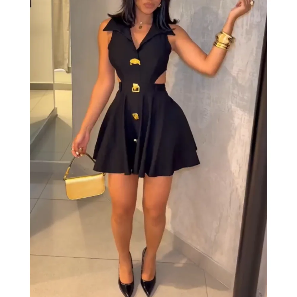 Vestido feminino com decote em v, botão de metal, gola virada para baixo, sem mangas, recorte de cintura, vestido de festa, zíper, costas, cintura cinched, linha a