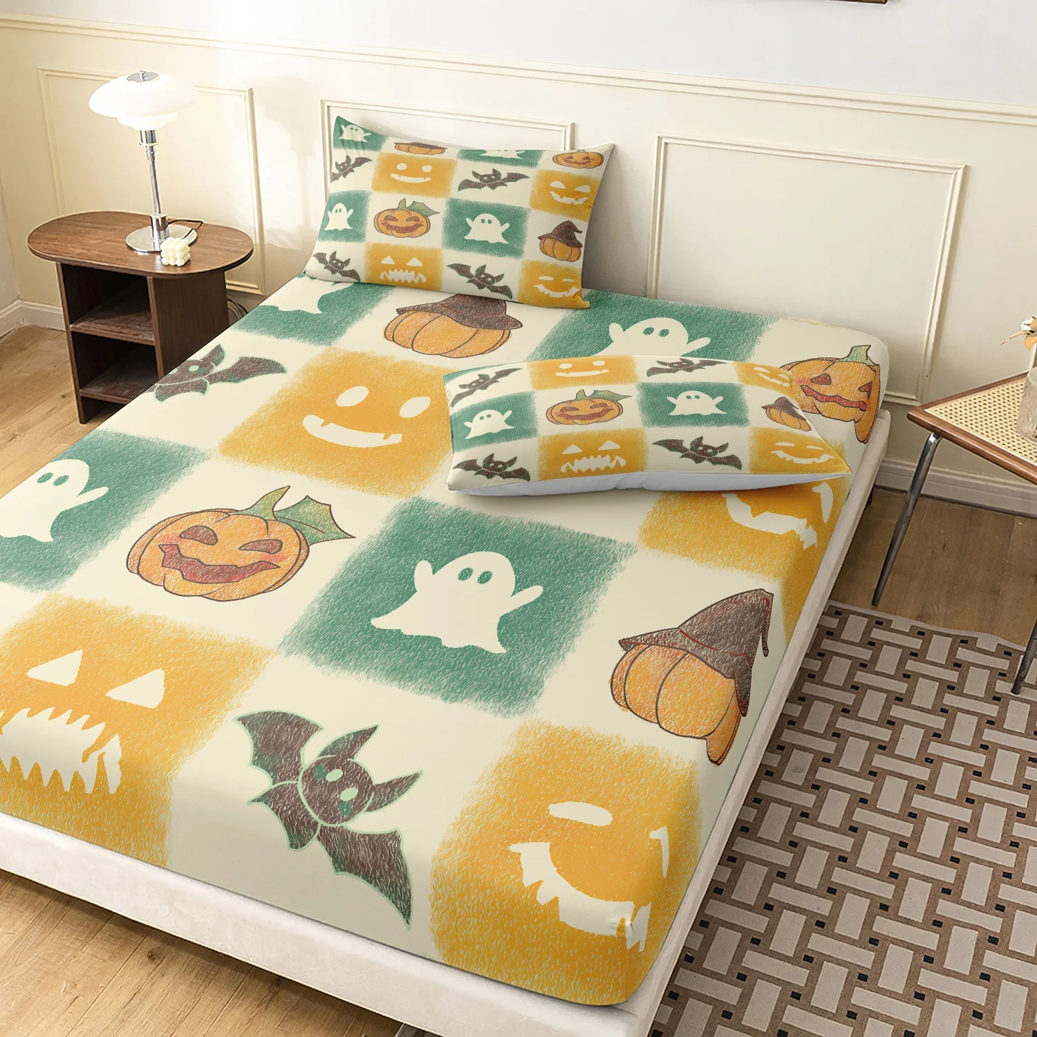 3 Pieces Retro Cute Halloween Print Fitted Sheet Set, Green Yellow Checkered Grid Pumpkin Ghost Bat Fall Pattern Bedding