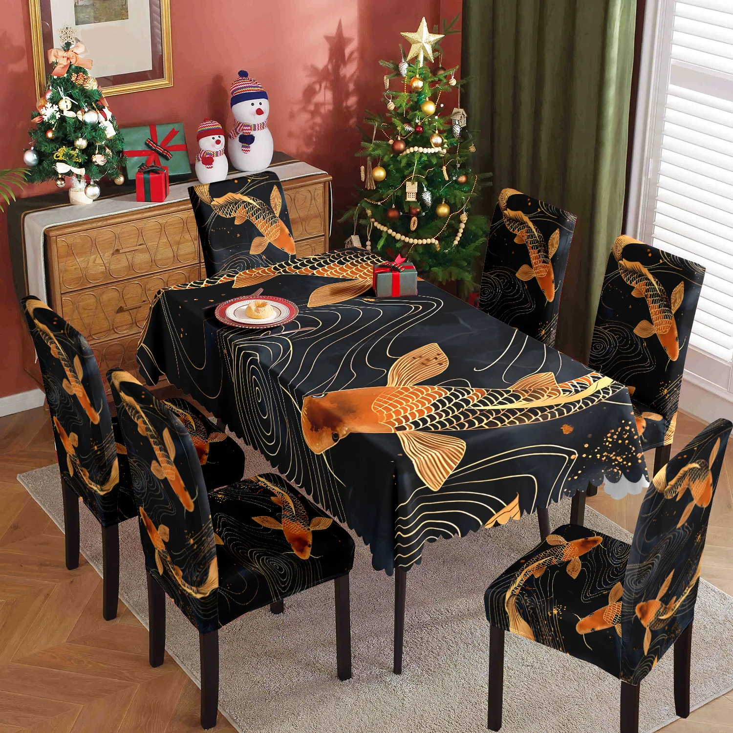 

5/7pcs Chinese-style home table and chair covers, black and gold koi fish print, stain-resistant, highly elastic and washable