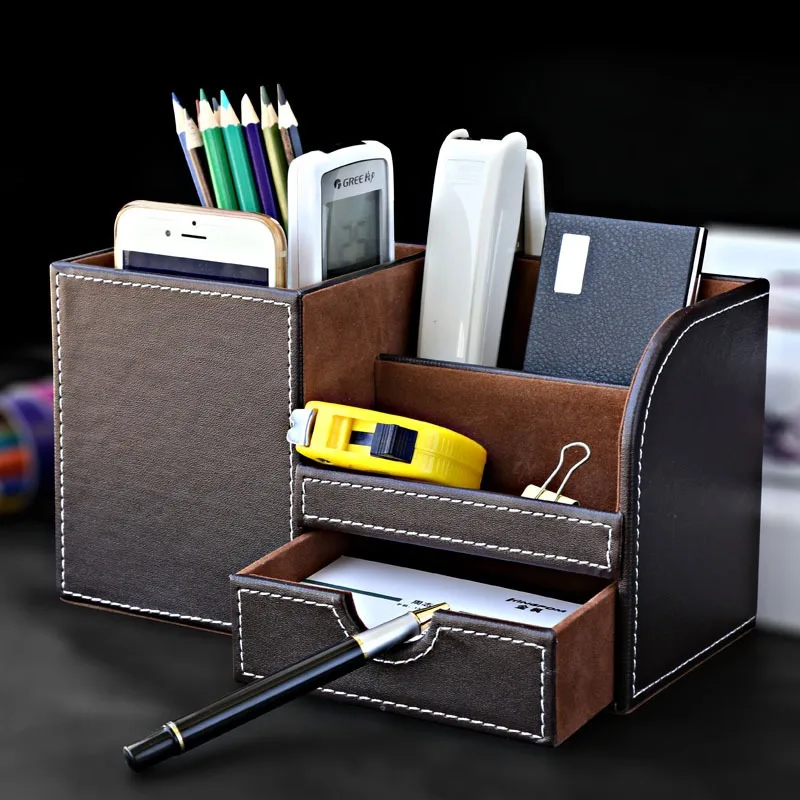 

Leather Pen Holder Organizer - PU Leather Desktop Stationery Storage Box with Drawers Creative Fashion Office Desk Accessories