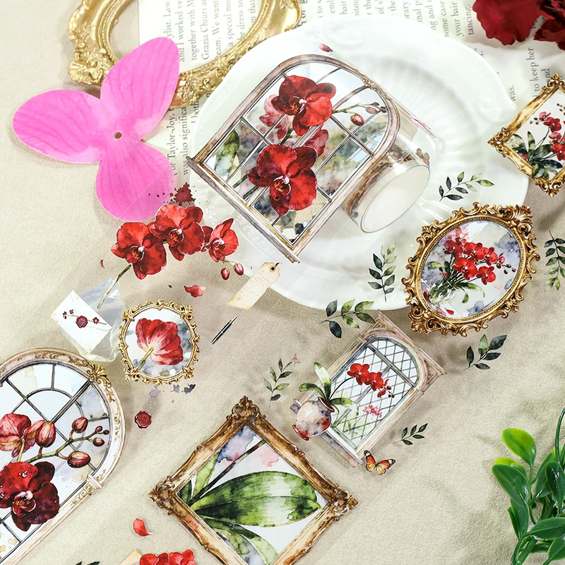 70mm*200cm Vintage Flower Window Landscape PET Tape Creative DIY Journal Material Collage Scrapbooking Stationery