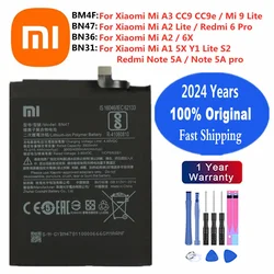 2024 anos bm4f bn31 bn36 bn47 bateria original para xiaomi mi a3 a1 a2 y1 9 lite 5x 6x s2 cc9 cc9e redmi note 5a pro redmi 6 pro