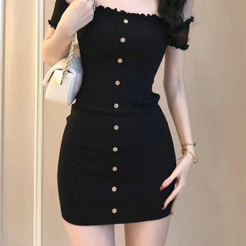 

One-length Neck Sexy Tight Women Ice Silk Button Ears Slim Waist Short Dress Short Sleeve Summer Knit