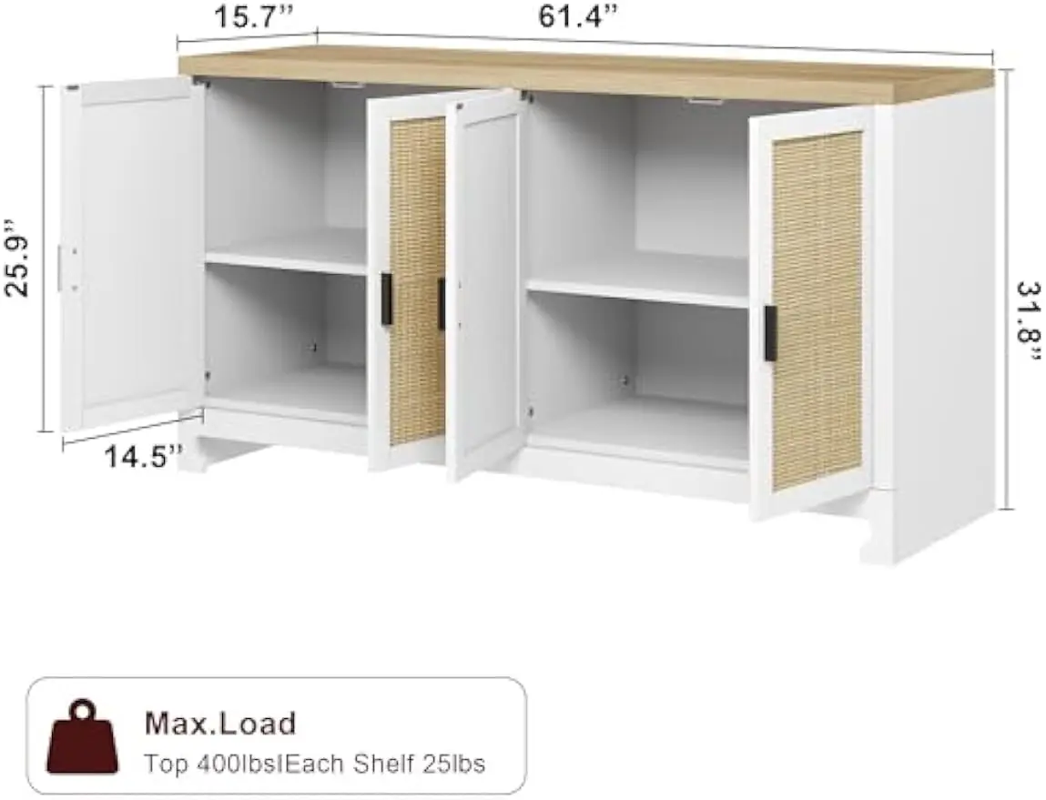 Sideboard  Buffet Cabinet, Rattan Accent Storage Cabinet w/ 4 Doors and Shelf, Modern Console Coffee Bar Cabinet for Dining Room