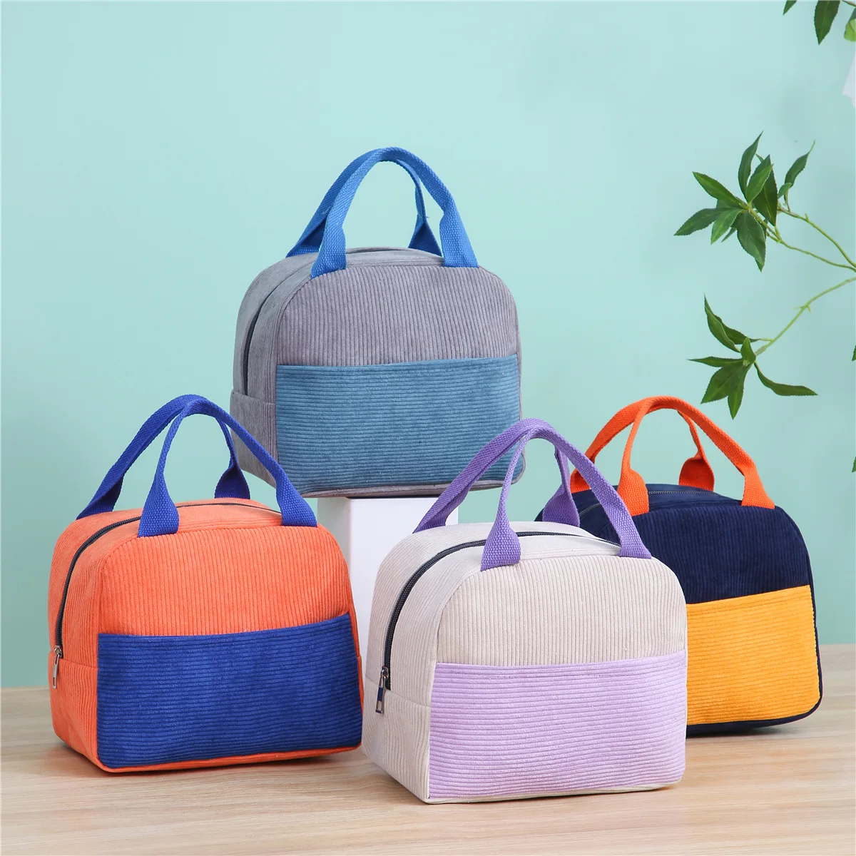 Gena New Corduroy Insulated Bag, Color-blocked, Thickened, Waterproof, Handheld Lunch Bag, Cooler Bag, Lunch Box Bag