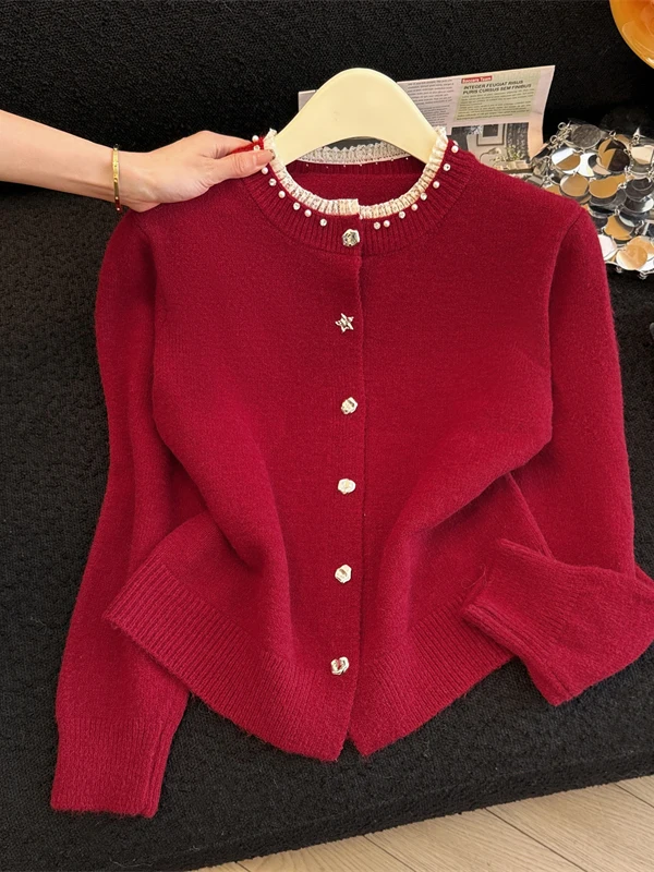 

Вязаный кардиган Ele с кружевными вставками, круглым вырезом, утягивающий, на пуговицах, для осени и зимы